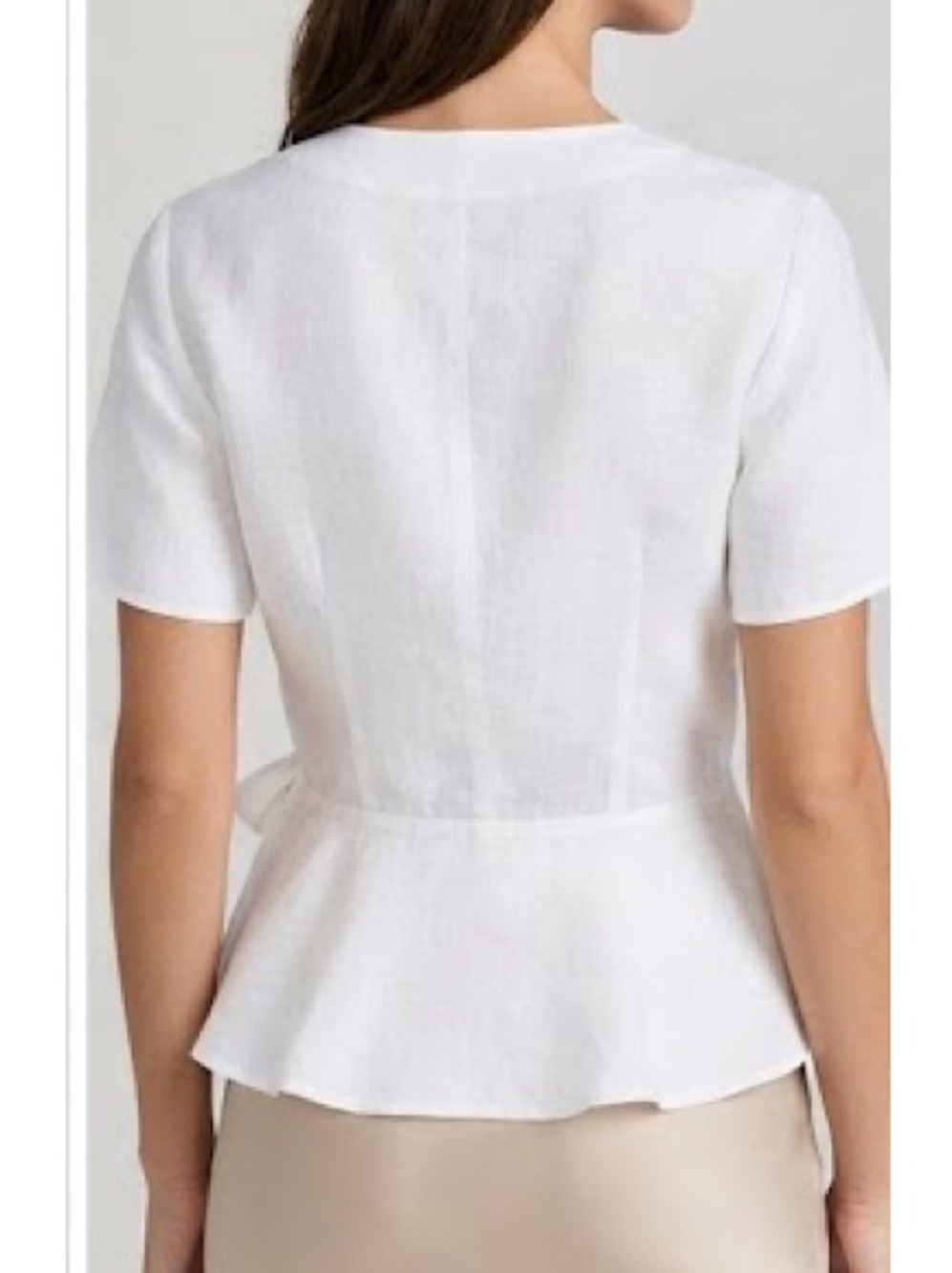 White Linen Women's Wrap Side Tie V neck Peplum Button Top